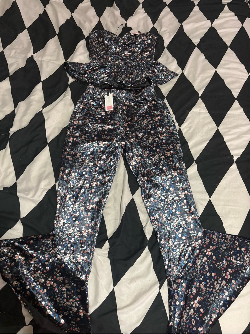 Sugarlips Navy Floral Sequin Peplum two piece set